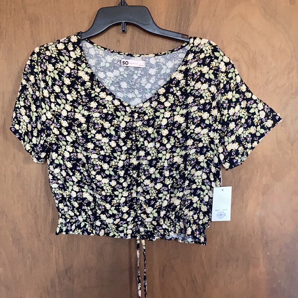 3/$24 SO top floral print cinch front short sleeve crop top boho casual  L jr - Picture 5 of 15